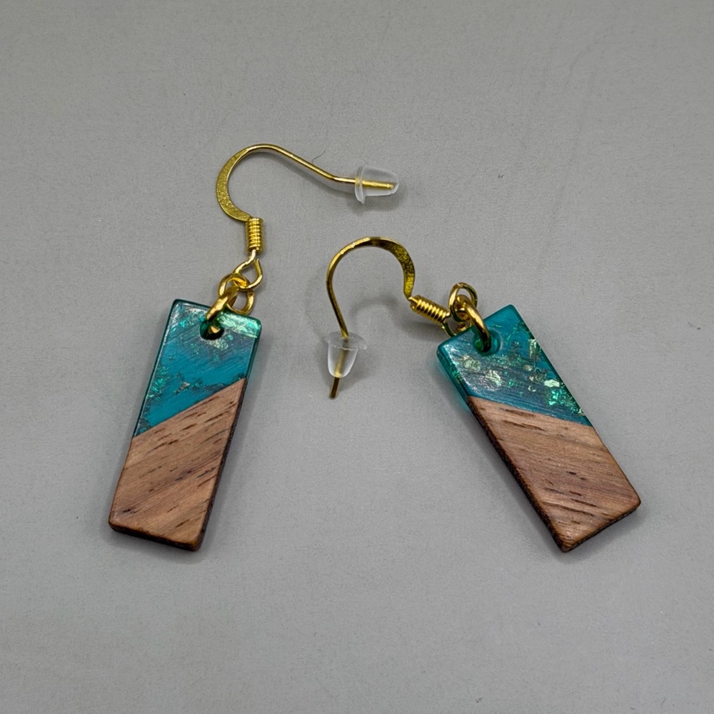 Handmade Teal and Wood Rectangle Drop Earrings - Gold Hooks - Picture 6 of 9